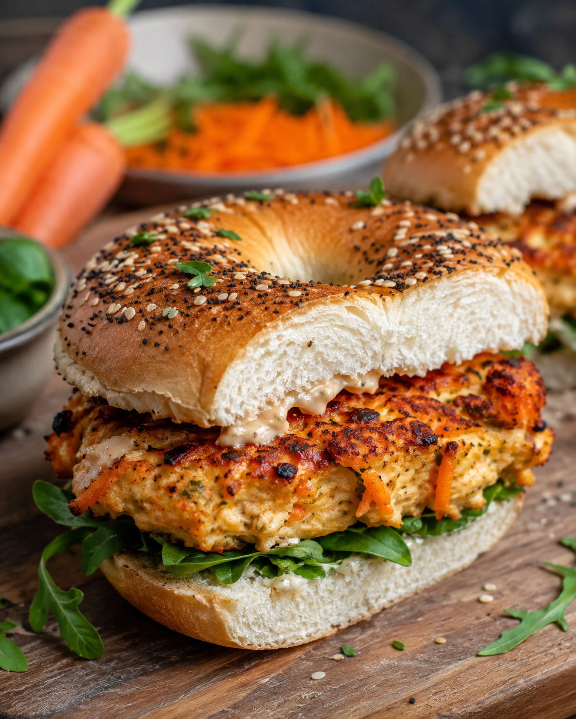 Chicken sausage and grated carrot protein bagel