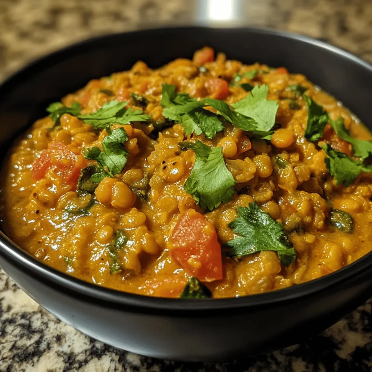 High-protein vegan lentil and chickpea curry with sticky rice, spinach and coriander