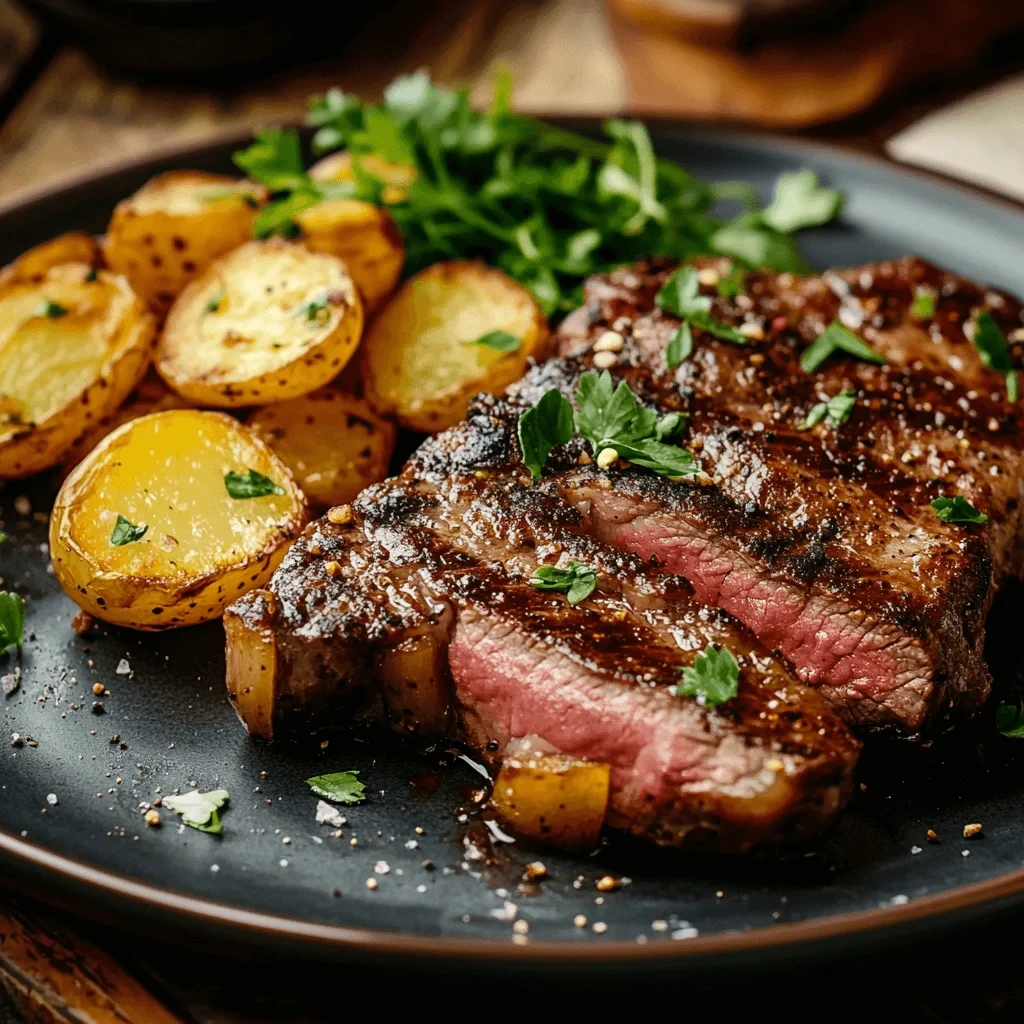 Grilled steak with new potatoes and greens